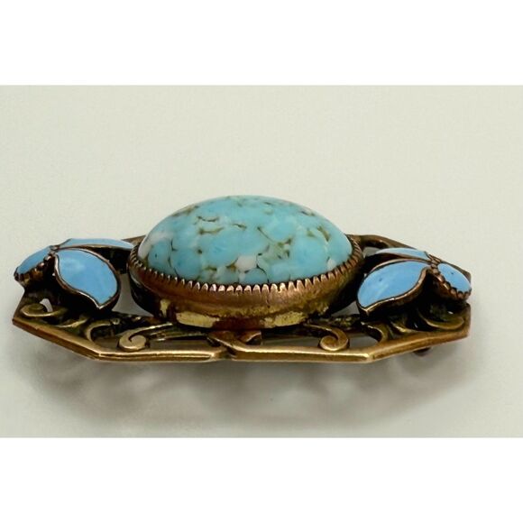 Turquoise brass brooch vintage source unknown - Picture 2 of 13